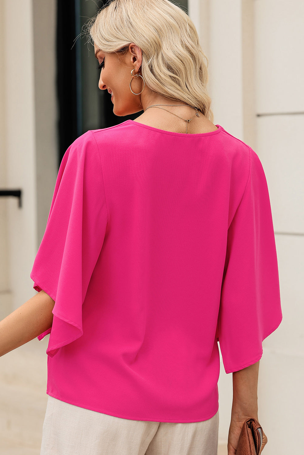 Plain Flounce Bell Sleeve V Neck Blouse