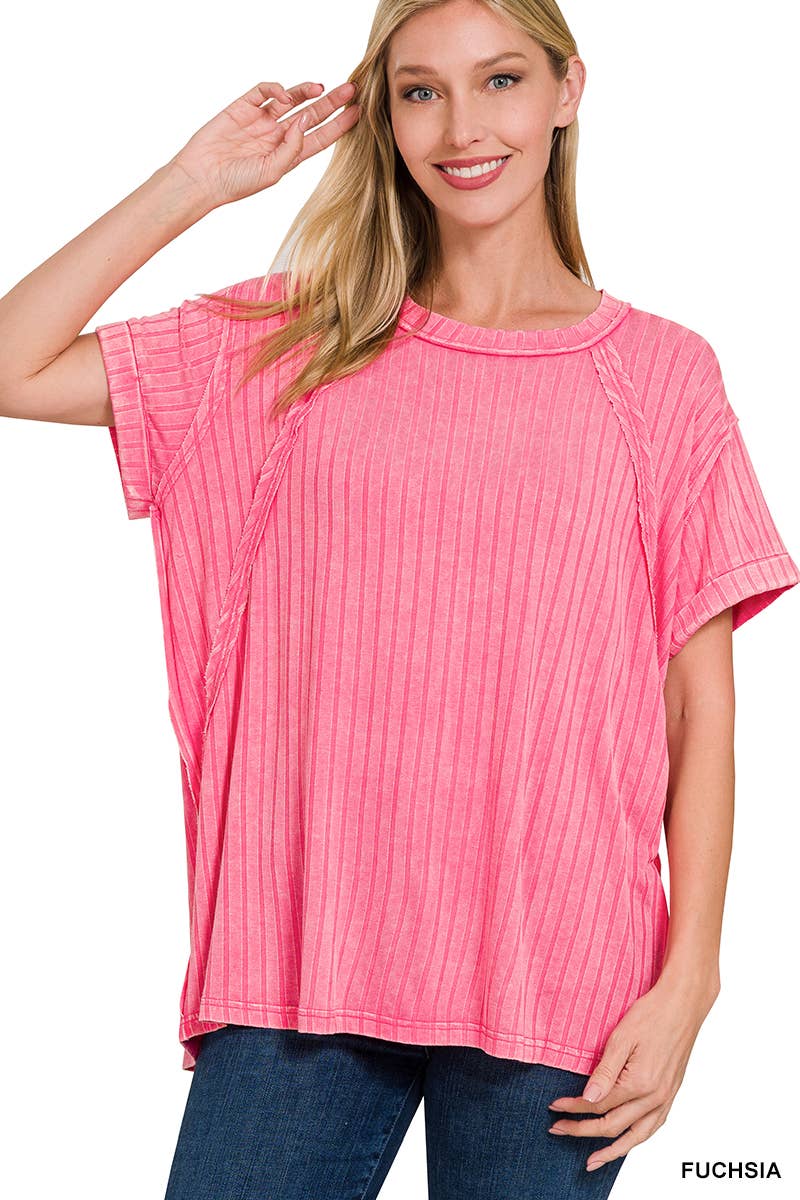 RIBBED RAGLAN DOLMAN SLEEVE BOAT-NECK TOP: CANDY PINK