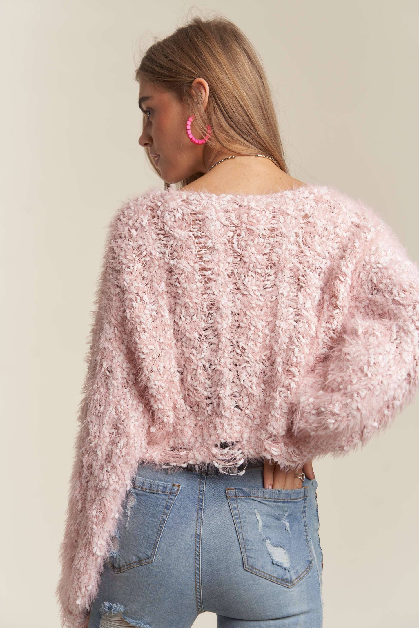 ADORA LA - CESW3446 - FRAYED HEM CROP SWEATER TOP: ONE SIZE / PINK