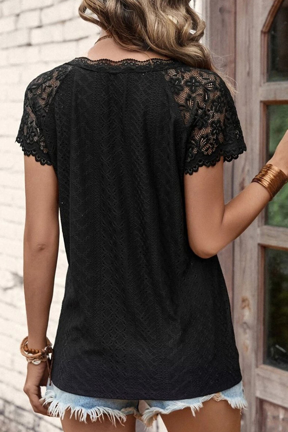 Lace Short-Sleeve Scalloped V-Neck Top