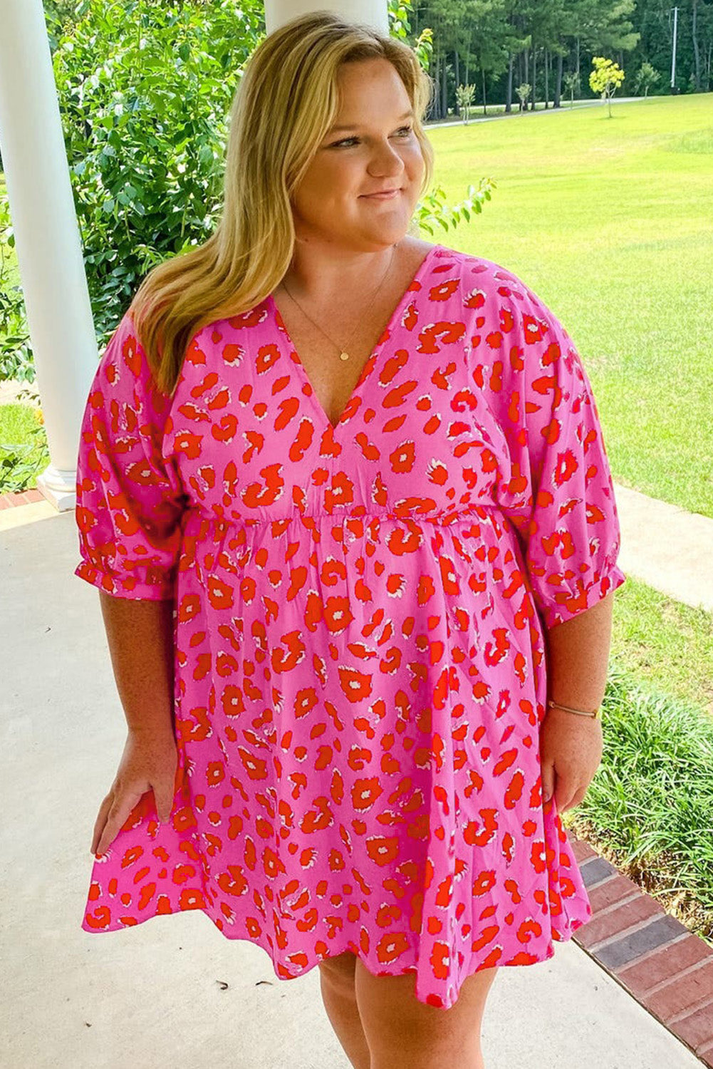 Plus Size 3/4 Sleeves V Neck Leopard Dress