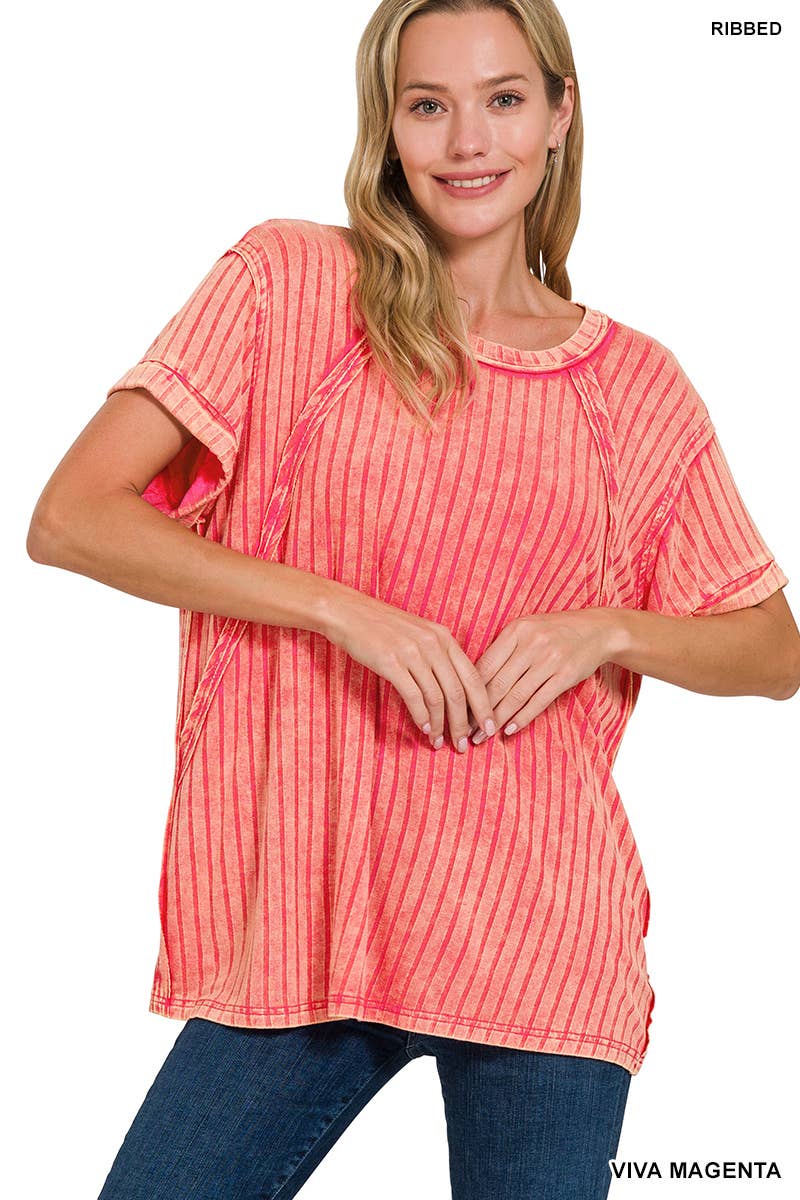 RIBBED RAGLAN DOLMAN SLEEVE BOAT-NECK TOP: CANDY PINK