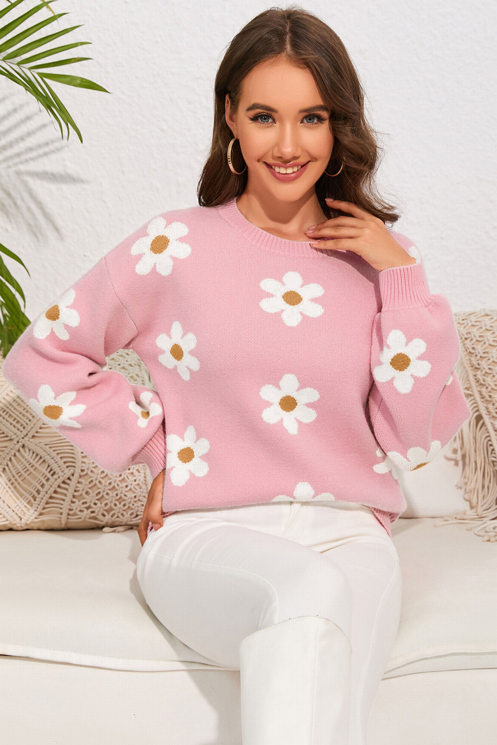 Floral Pattern Drop Shoulder Sweater