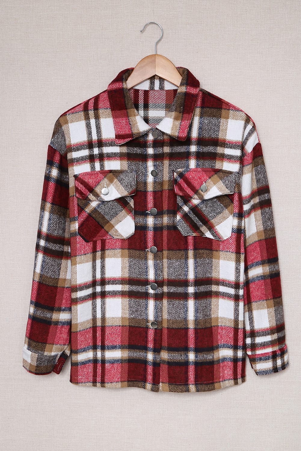 Red Geometric Plaid Print Pocketed Shacket