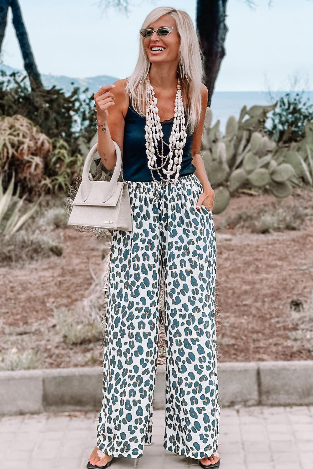 Leopard Print Pocketed Wide Leg Pants