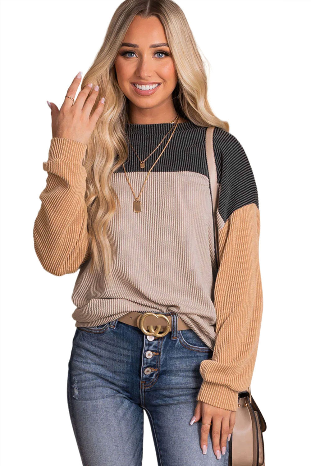 Black Color Block Long Sleeve Ribbed Loose Top