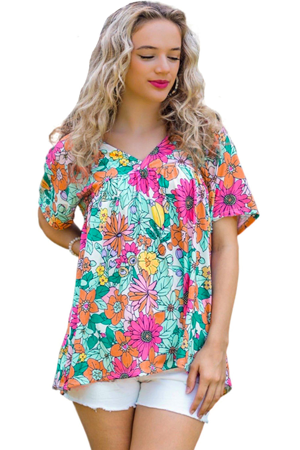 Multicolor Floral Print Short Sleeve Babydoll Blouse