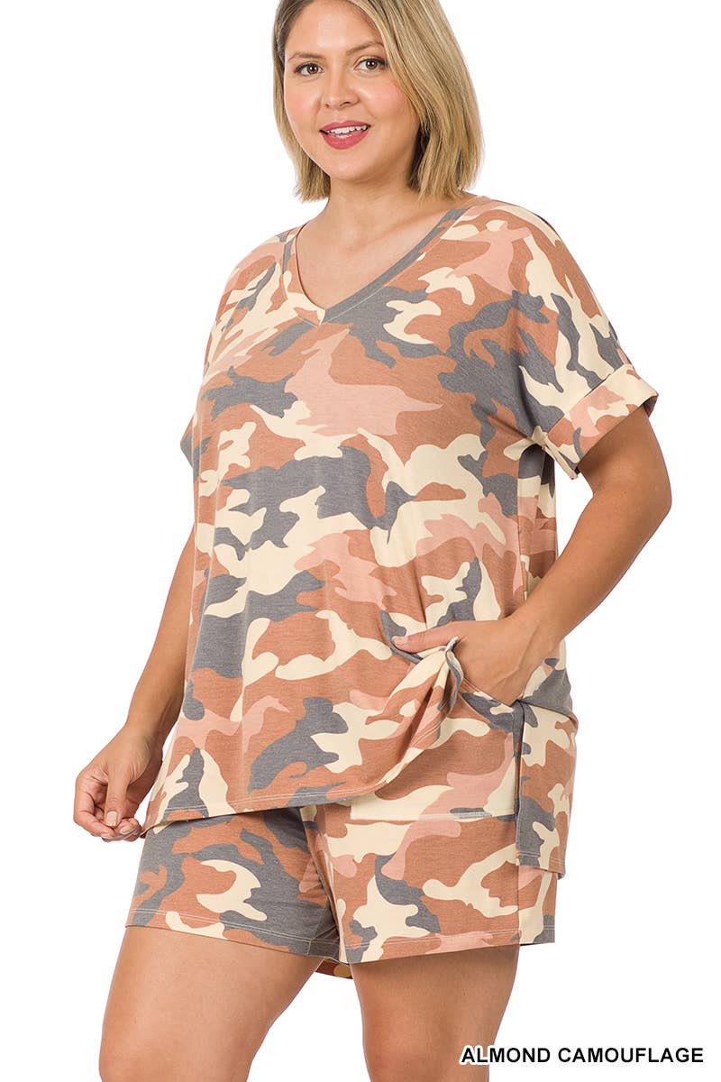 Vanilla Monkey - Plus Camouflage V-neck Top & Drawstring Shorts Set: 1-1-1 (1XL-2XL-3XL) / ALMOND CAMOUFLAGE