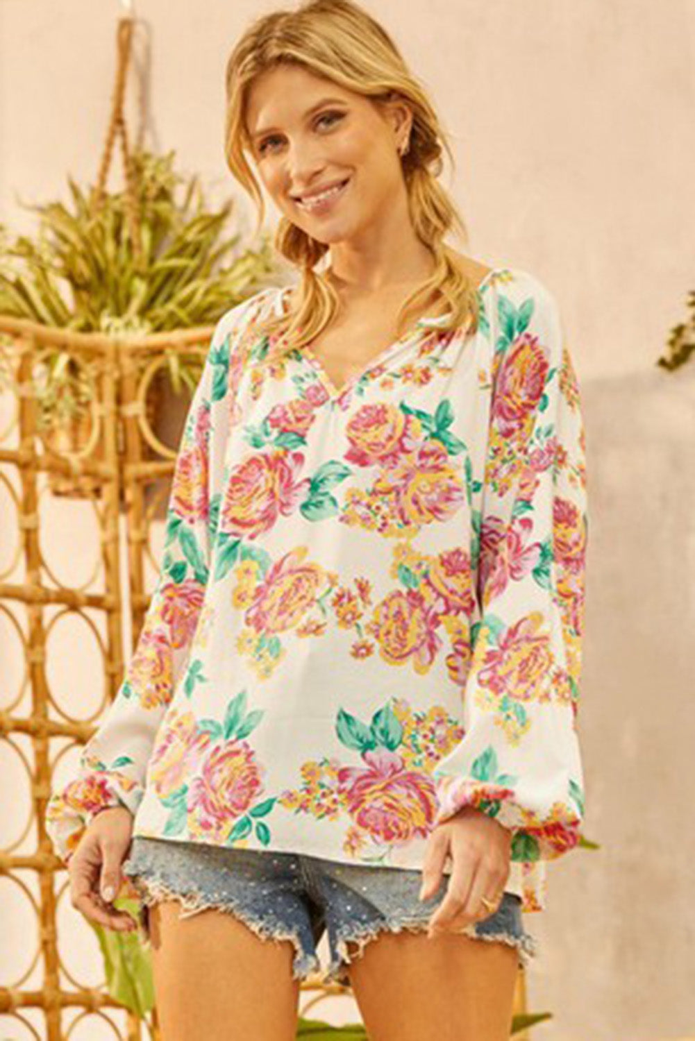 Notch V Neck Floral Pleated Puff Sleeve Blouse