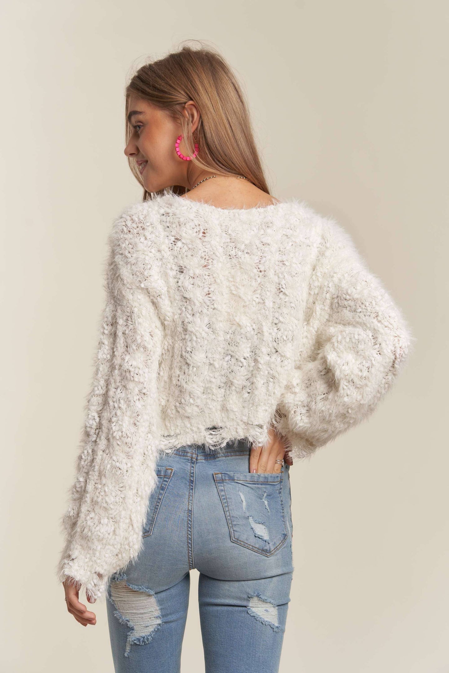 ADORA LA - CESW3446 - FRAYED HEM CROP SWEATER TOP: ONE SIZE / PINK