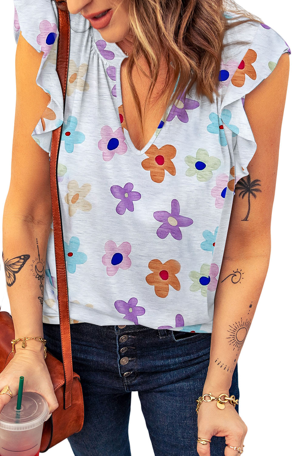 Flower Print Notch V-Neck Flutter Sleeveless Tank