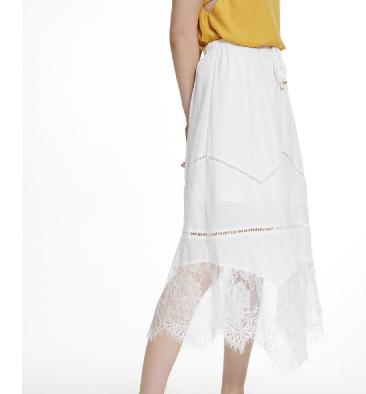 White Lace Asymmetrical Hem Maxi Skirt