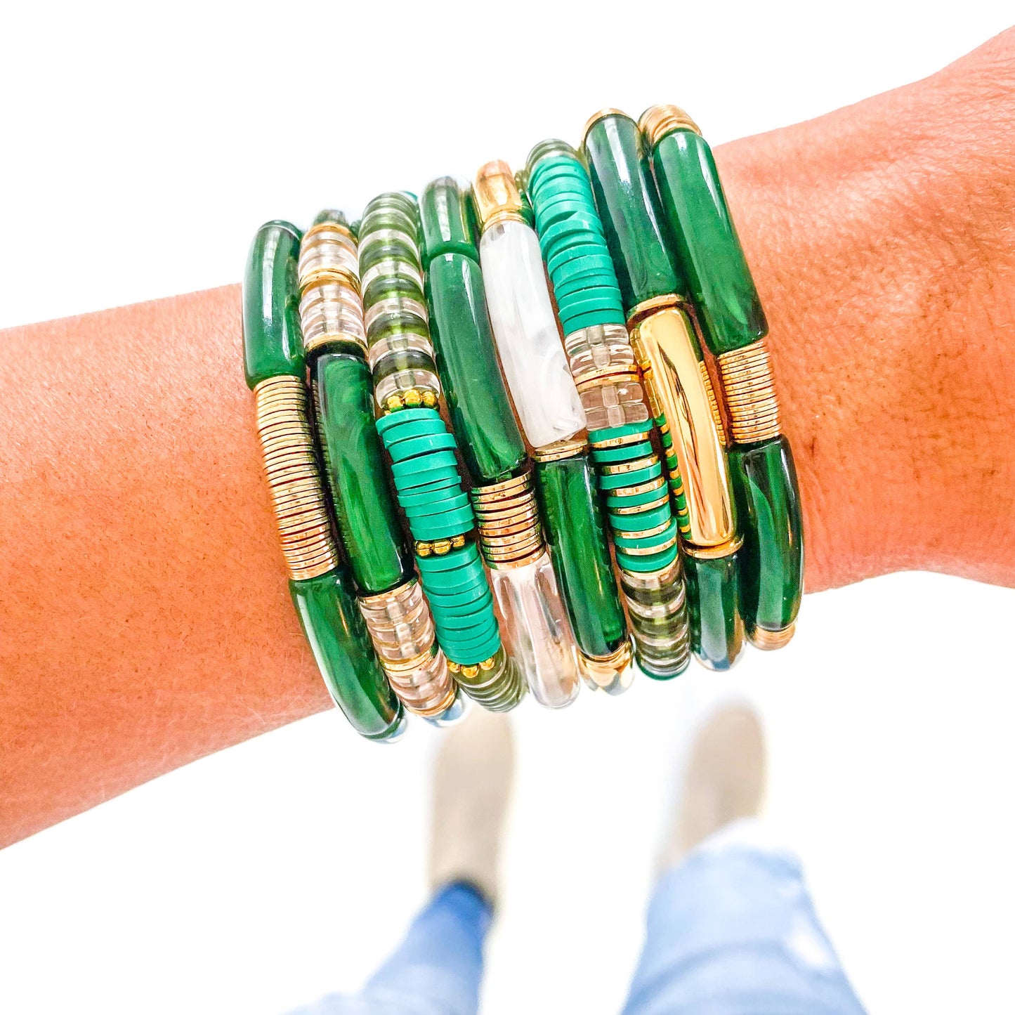 Savvy Bling - Small Green Marble Acrylic Tube Bamboo Bracelet