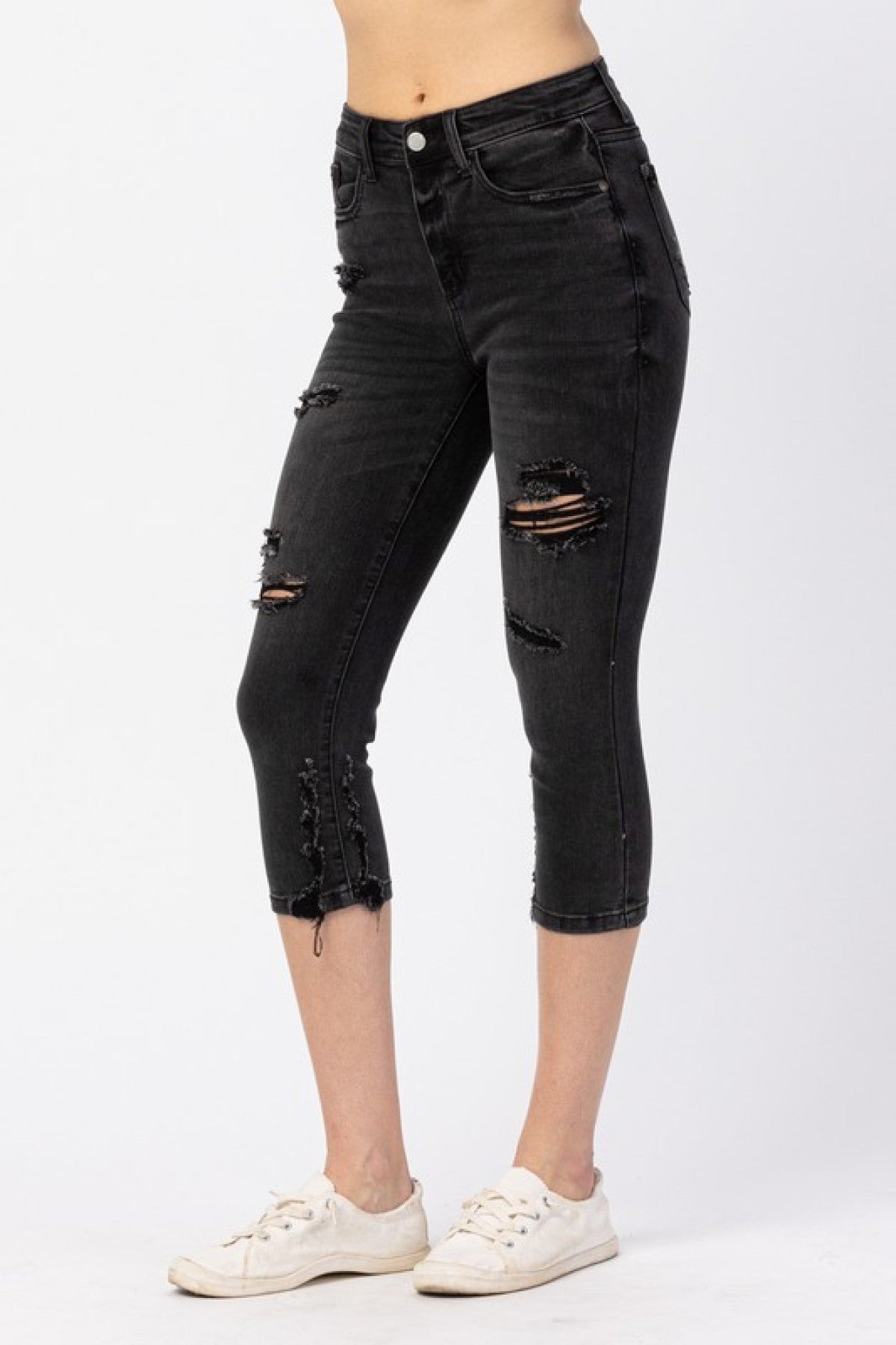 Judy Blue High Waist Black Distressed Skinny Capri