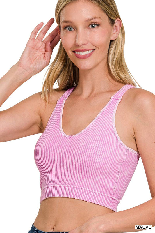 Washed Ribbed Cropped Bra Padded Tank Top