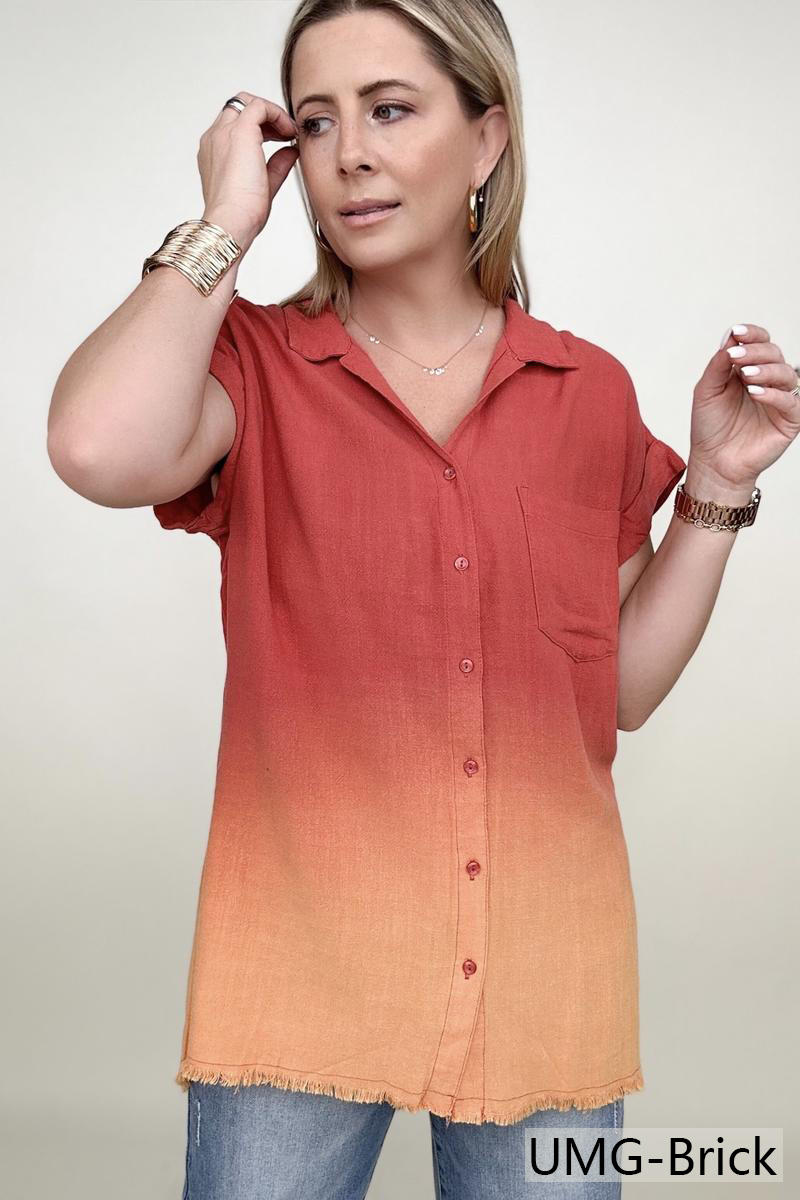 Umgee Linen Blend Bleach Dip Dye Button Down Top