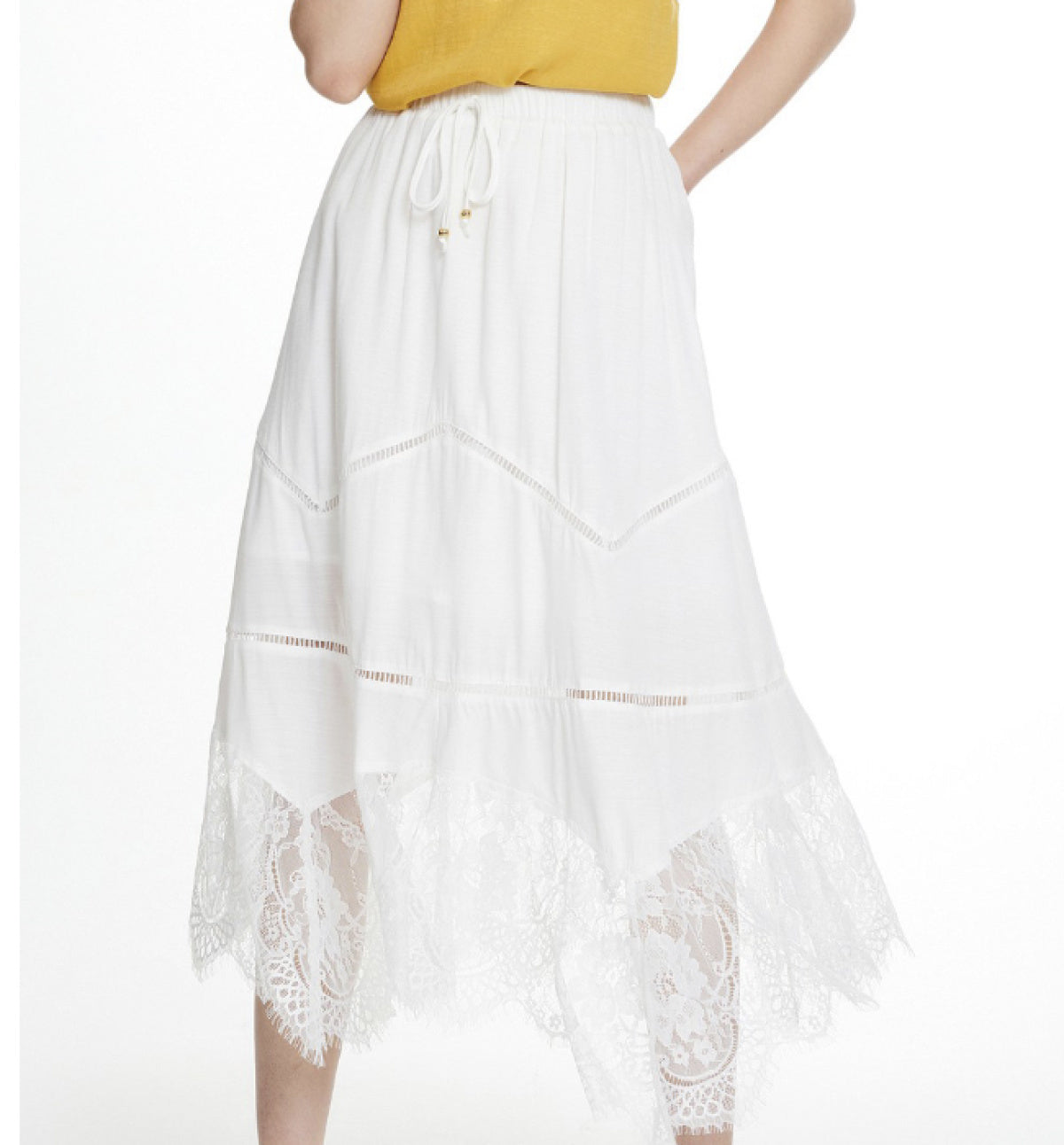 White Lace Asymmetrical Hem Maxi Skirt