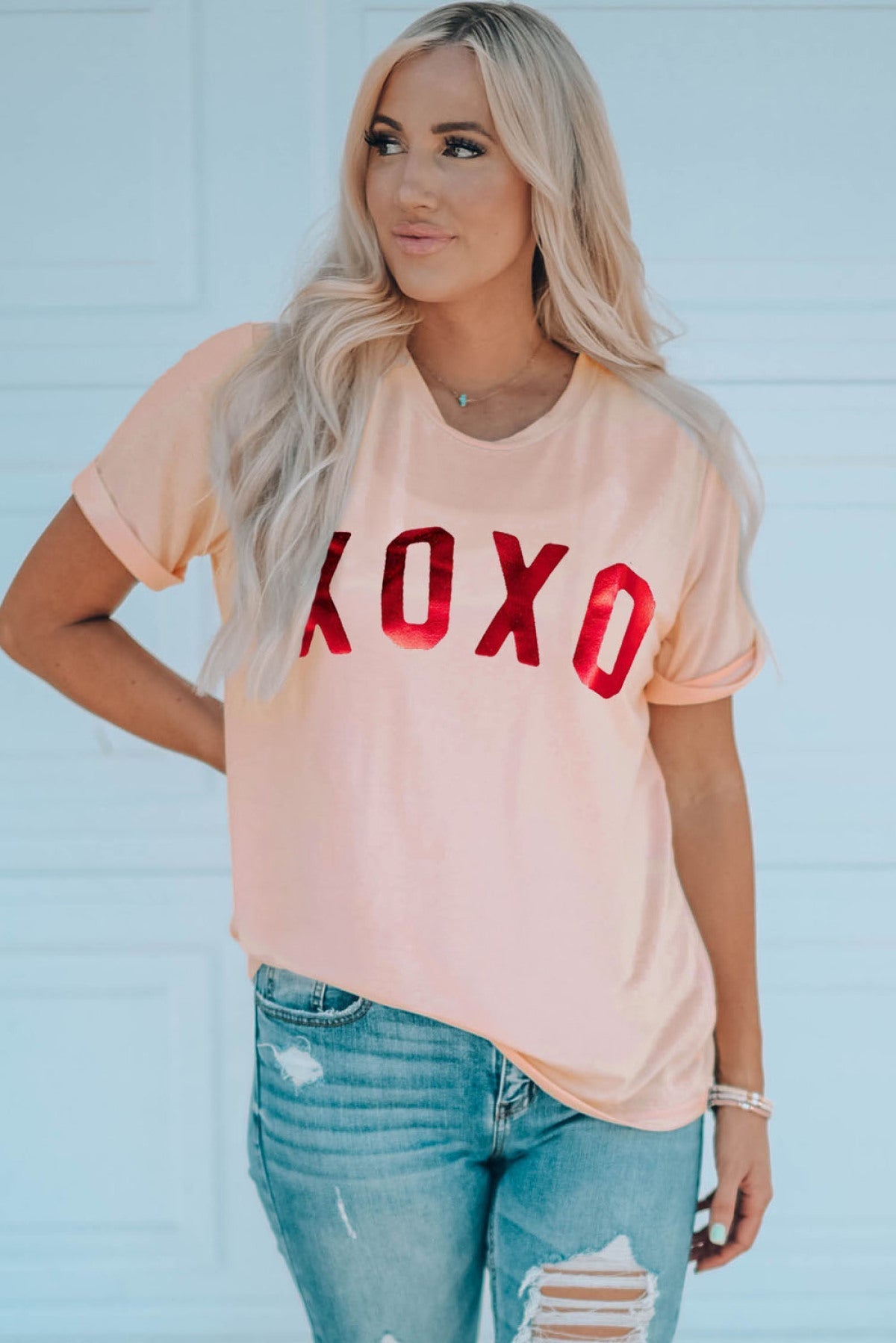 Pink XOXO Glitter Pattern Print Short Sleeve Graphic Tee