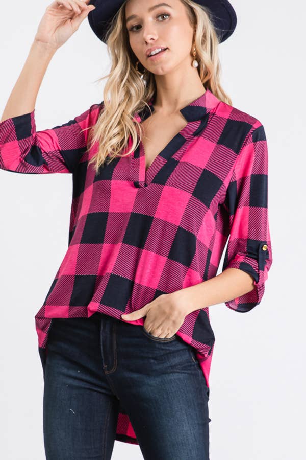 HEIMISH - ST1002-14 ROLL UP BUTTON SLEEVE PLAID TOP