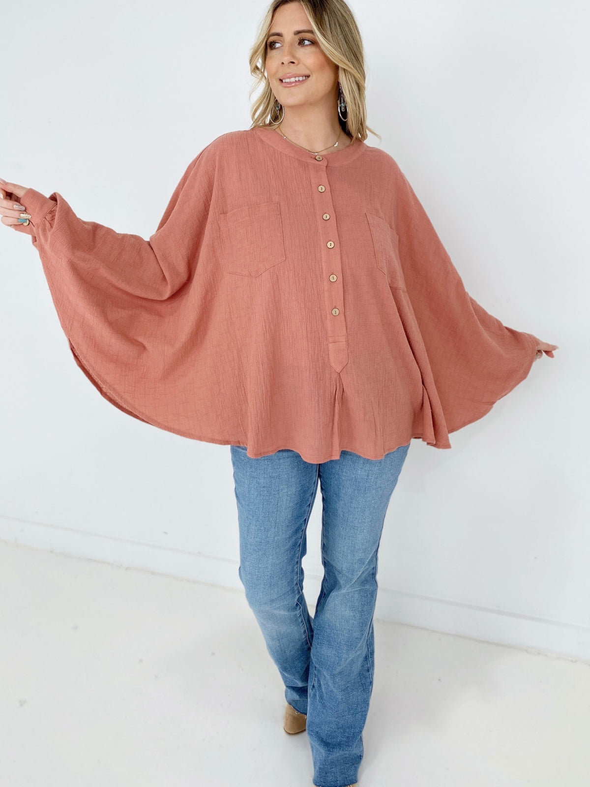 Easel Textured Cotton Linen Oversized Top