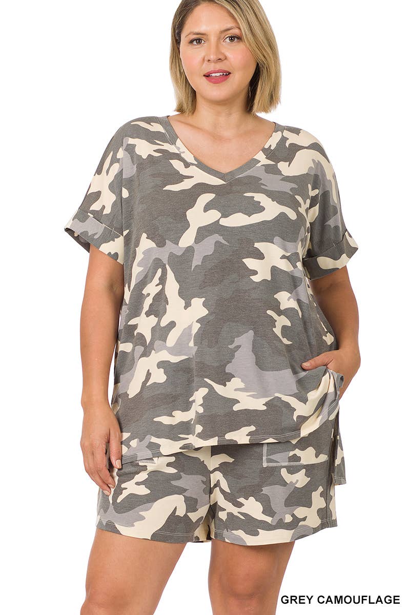 Vanilla Monkey - Plus Camouflage V-neck Top & Drawstring Shorts Set: 1-1-1 (1XL-2XL-3XL) / GREY CAMOUFLAGE