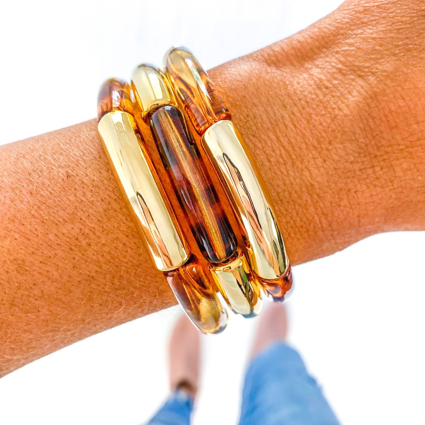 Savvy Bling - Brown Spotted Acrylic Tube Bamboo Bracelet