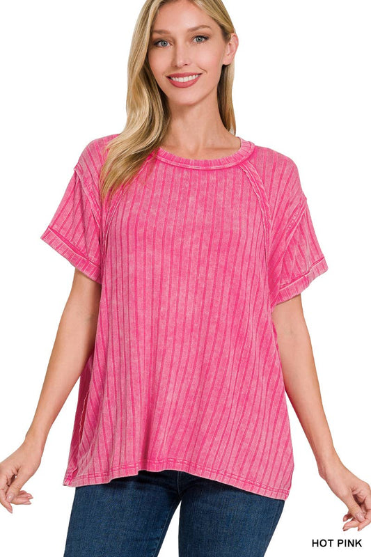 RIBBED RAGLAN DOLMAN SLEEVE BOAT-NECK TOP: HOT PINK-