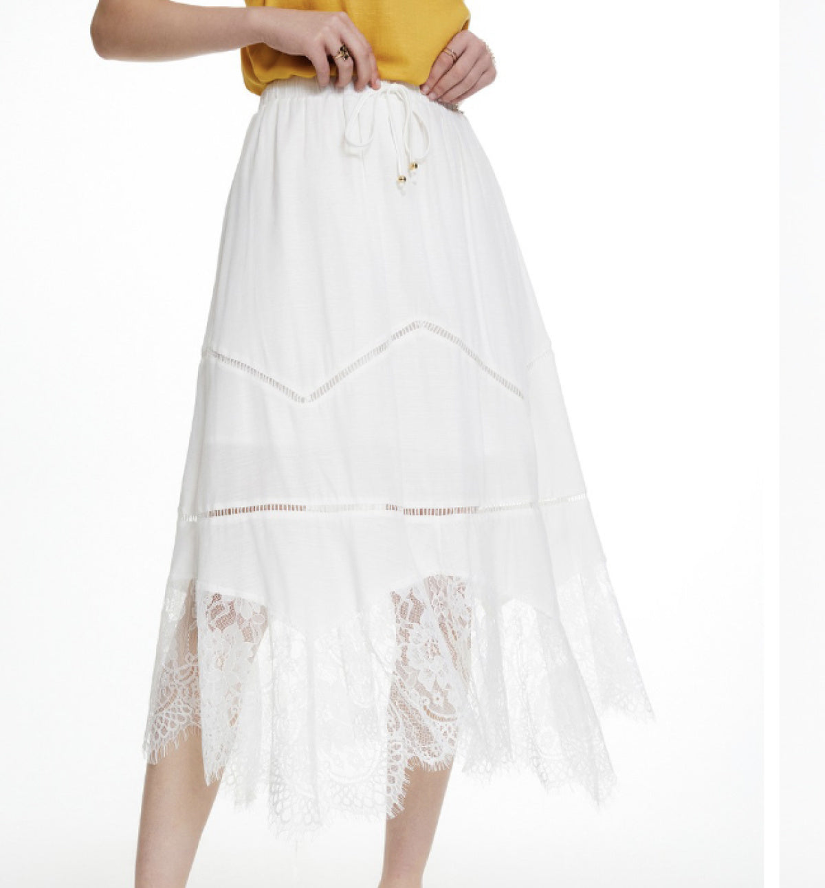 White Lace Asymmetrical Hem Maxi Skirt