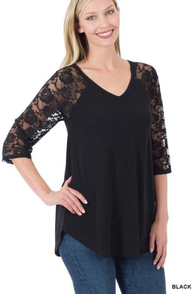 LACE DETAIL 3/4 SLEEVE V-NECK & ROUND HEM TOP