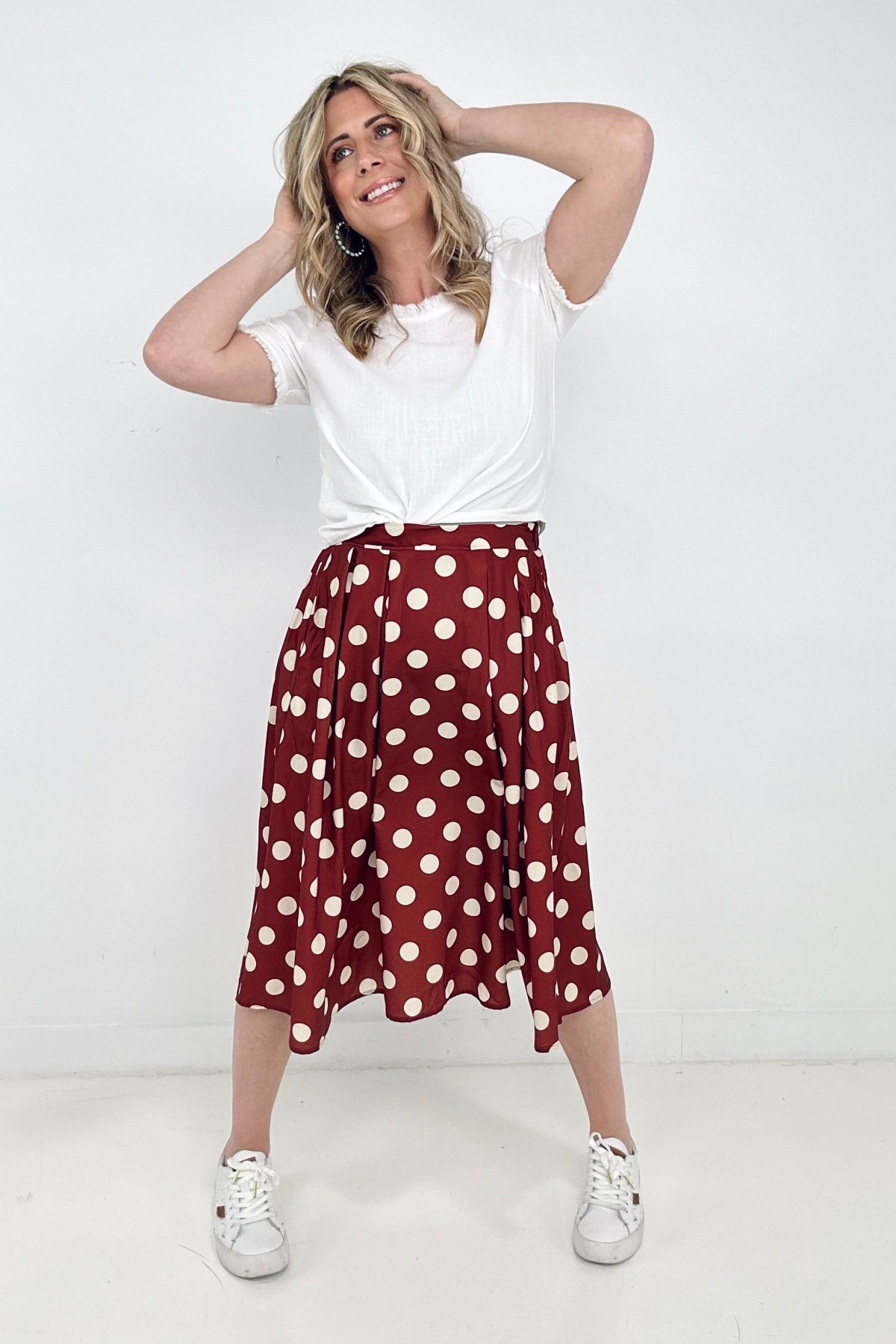 Jade By Jane Polka Dot Pleated Midi Skirt