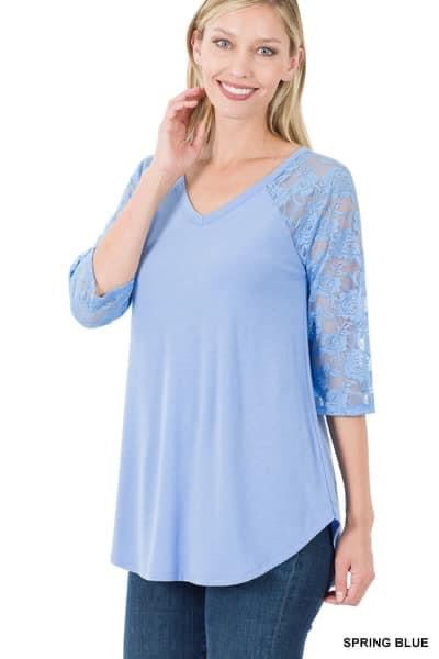 LACE DETAIL 3/4 SLEEVE V-NECK & ROUND HEM TOP