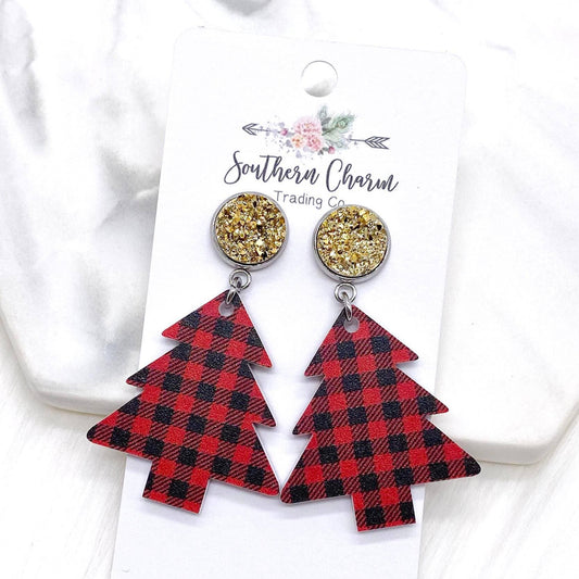 Southern Charm Trading Co - 2" Gold & Red Buffalo Plaid Christmas Tree Acrylic Dangles