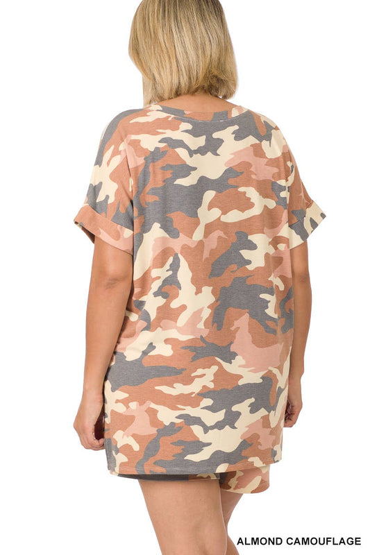 Vanilla Monkey - Plus Camouflage V-neck Top & Drawstring Shorts Set: 1-1-1 (1XL-2XL-3XL) / ALMOND CAMOUFLAGE