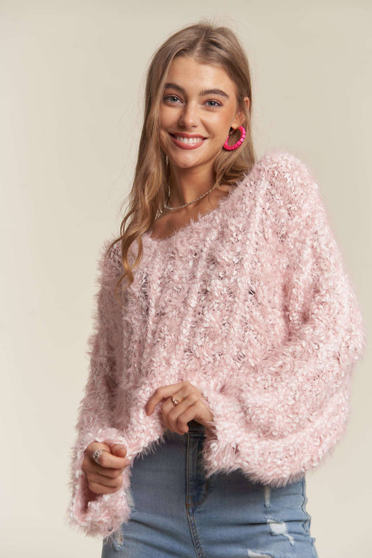 ADORA LA - CESW3446 - FRAYED HEM CROP SWEATER TOP: ONE SIZE / PINK