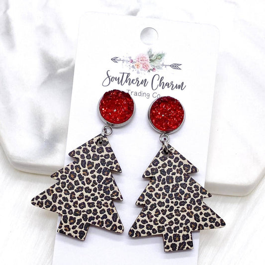 Southern Charm Trading Co - 2" Red Sparkles & Leopard Wood Christmas Tree Dangles