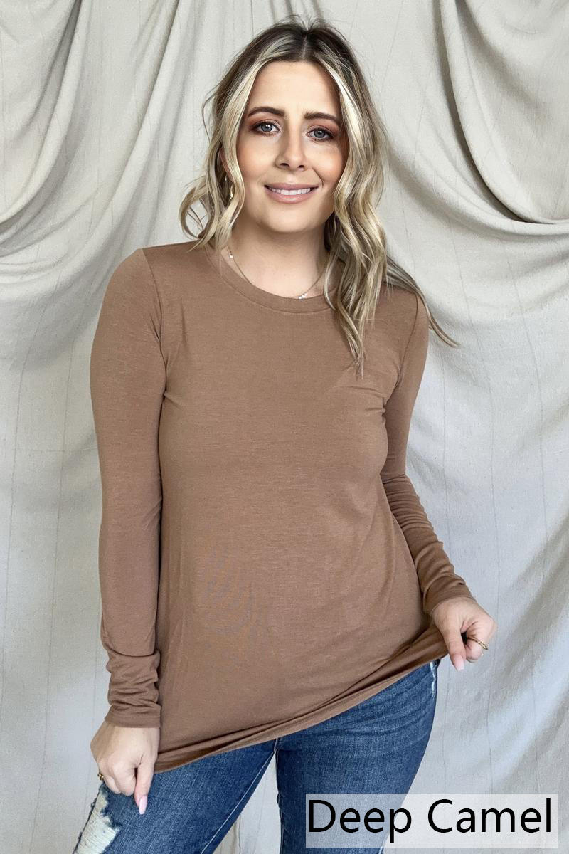 Zenana Long Sleeve Round Neck Round Hem Top