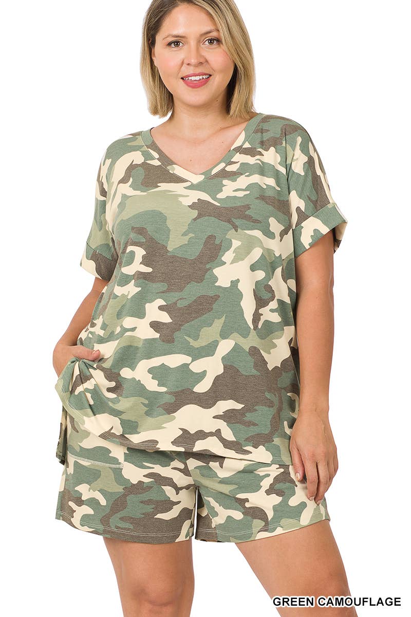 Vanilla Monkey - Plus Camouflage V-neck Top & Drawstring Shorts Set: 1-1-1 (1XL-2XL-3XL) / GREEN CAMOUFLAGE