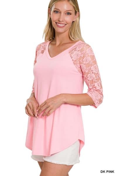 LACE DETAIL 3/4 SLEEVE V-NECK & ROUND HEM TOP