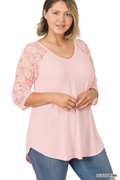 LACE DETAIL 3/4 SLEEVE V-NECK & ROUND HEM TOP