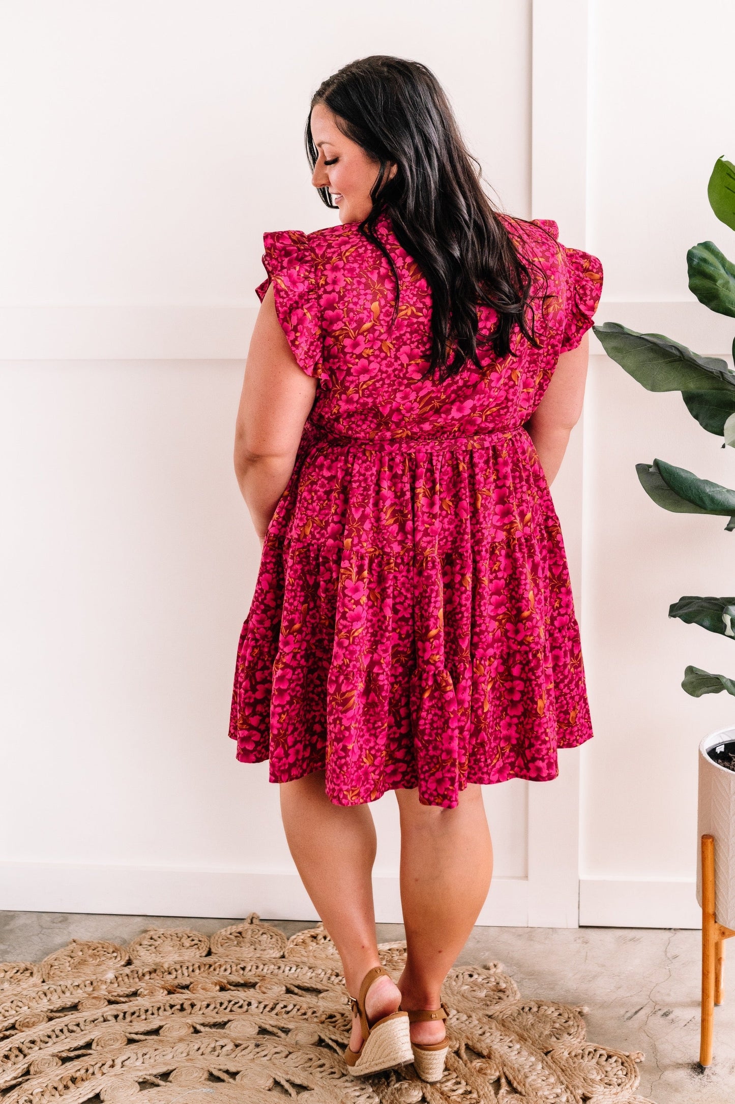 Mock Neck Floral Dress With Belt In Magenta