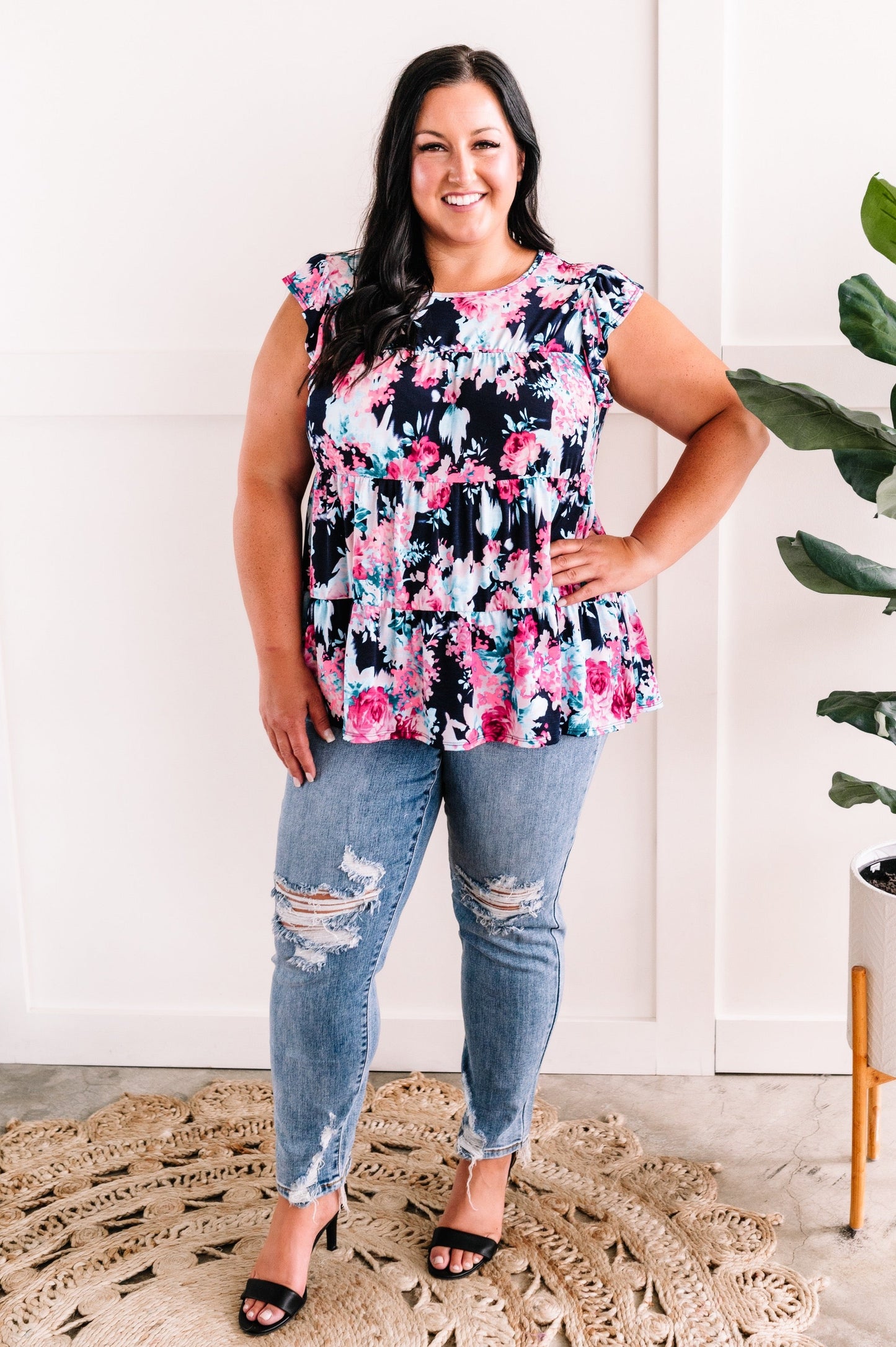 Tiered Floral Tunic Top In Neon Pink & Navy