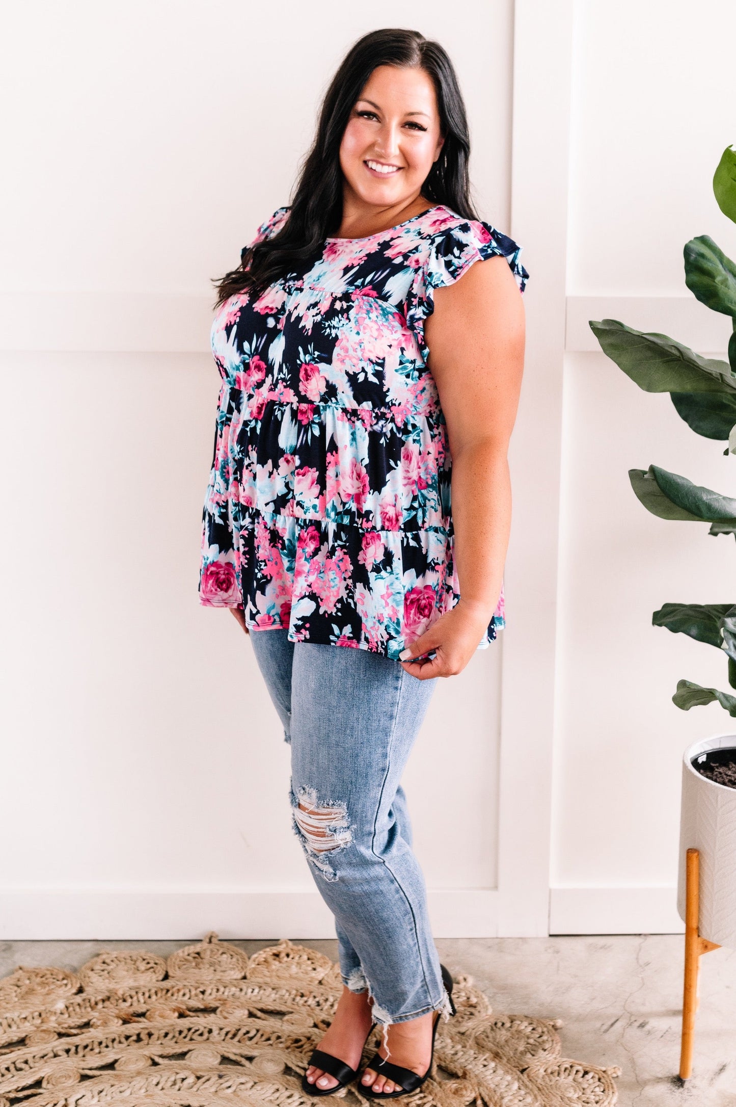 Tiered Floral Tunic Top In Neon Pink & Navy