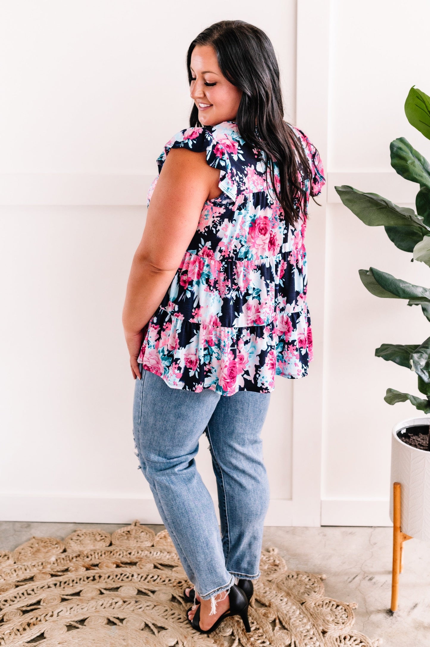 Tiered Floral Tunic Top In Neon Pink & Navy