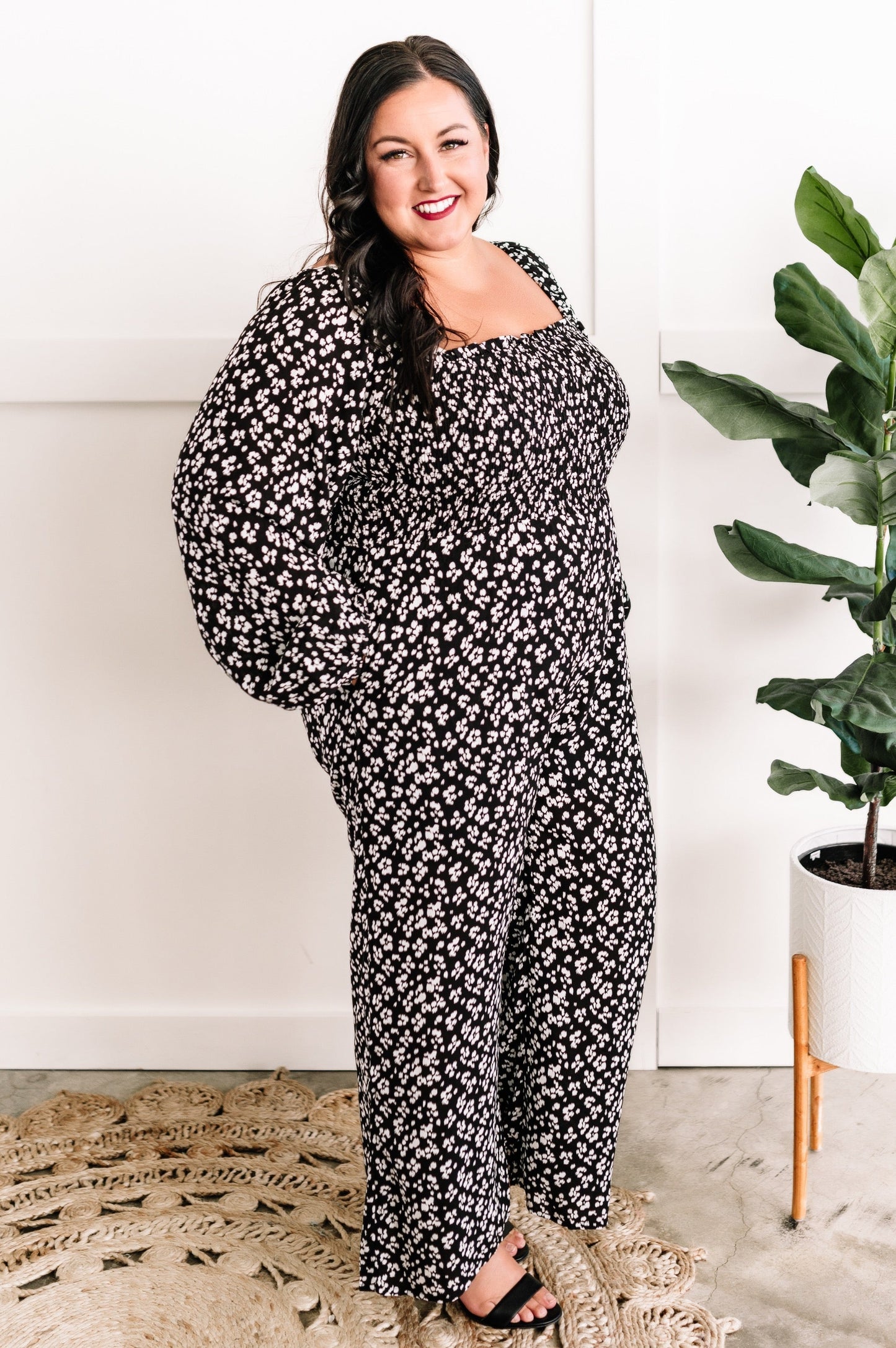 Smocked Jumpsuit In Classic Black & White Leopard