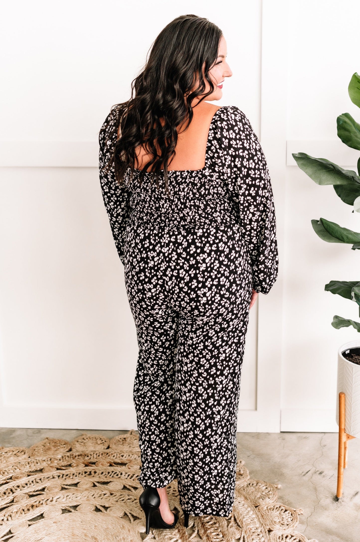 Smocked Jumpsuit In Classic Black & White Leopard