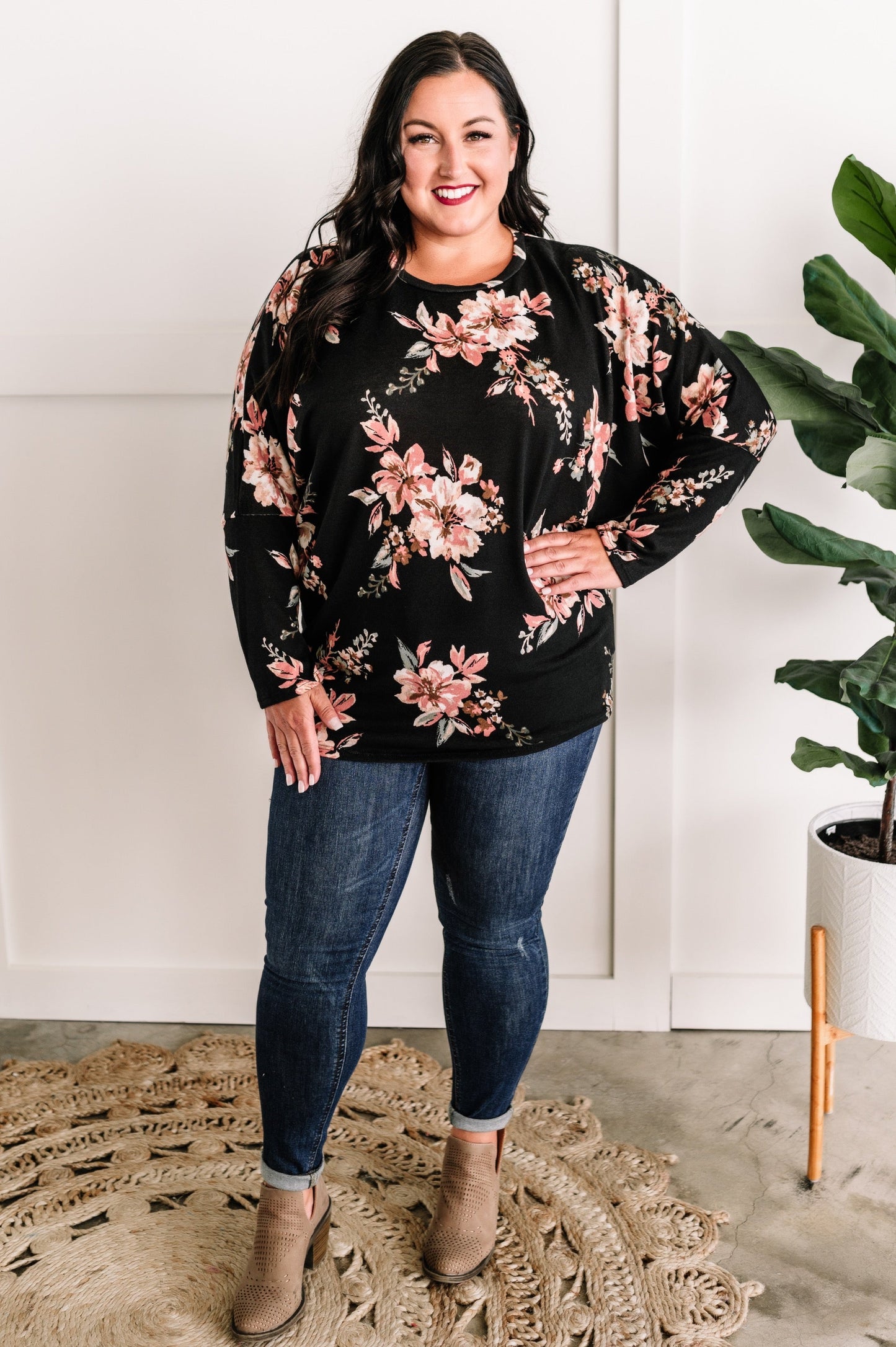 Hard To Floral Dolman Sleeve Top In Black