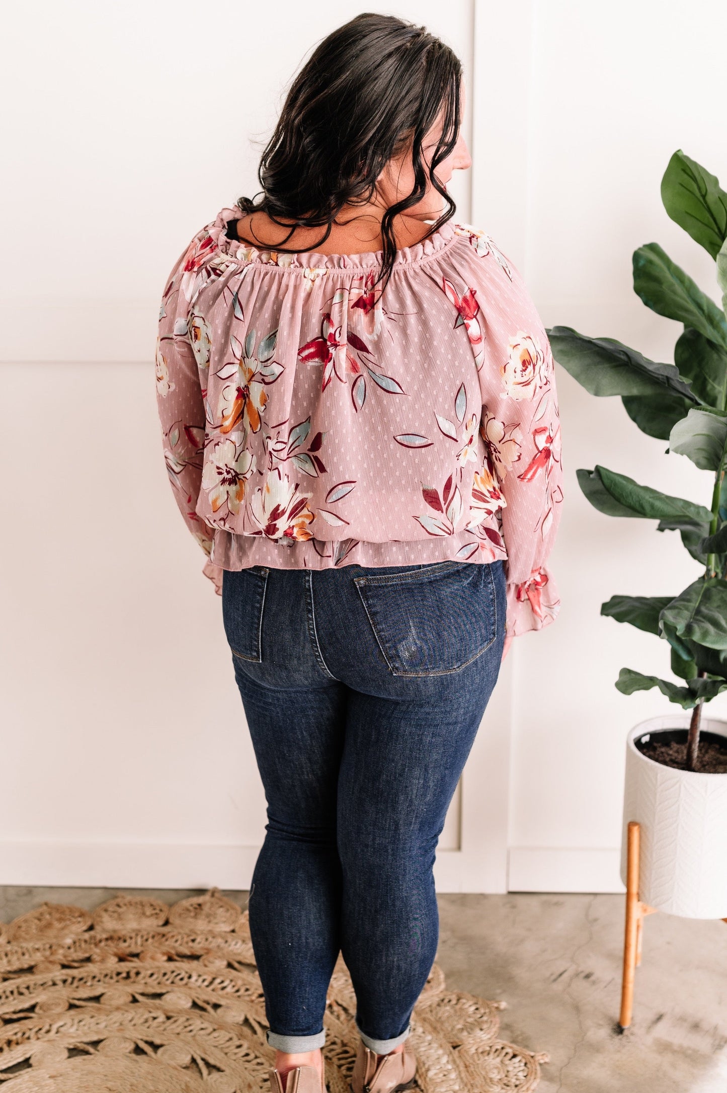 Floral Swiss Dot Lightweight Tie Neck Blouse In Dusty Rose