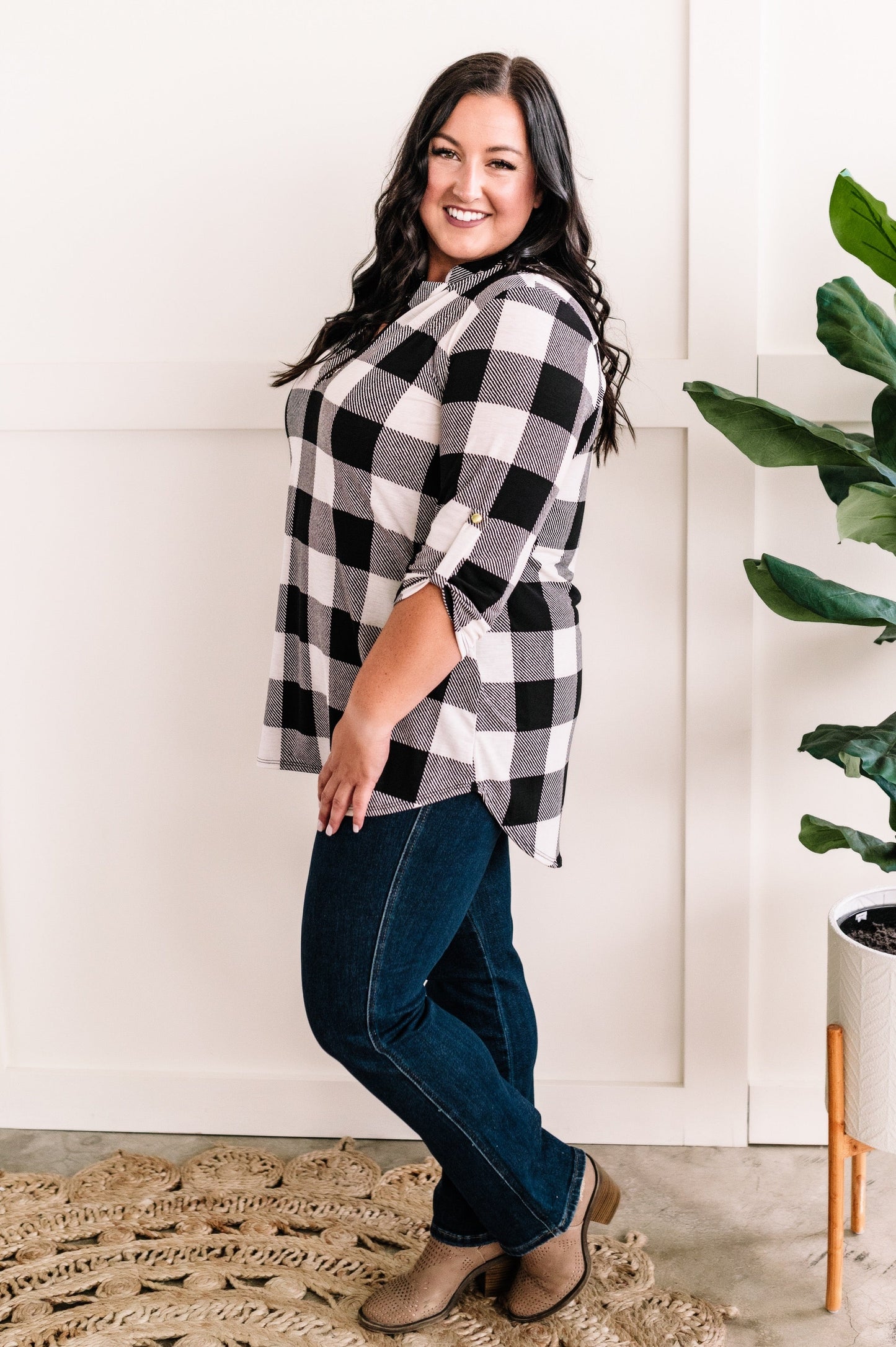 Gabby Front Tunic Top With Button Sleeve Detail In Black & White Plaid