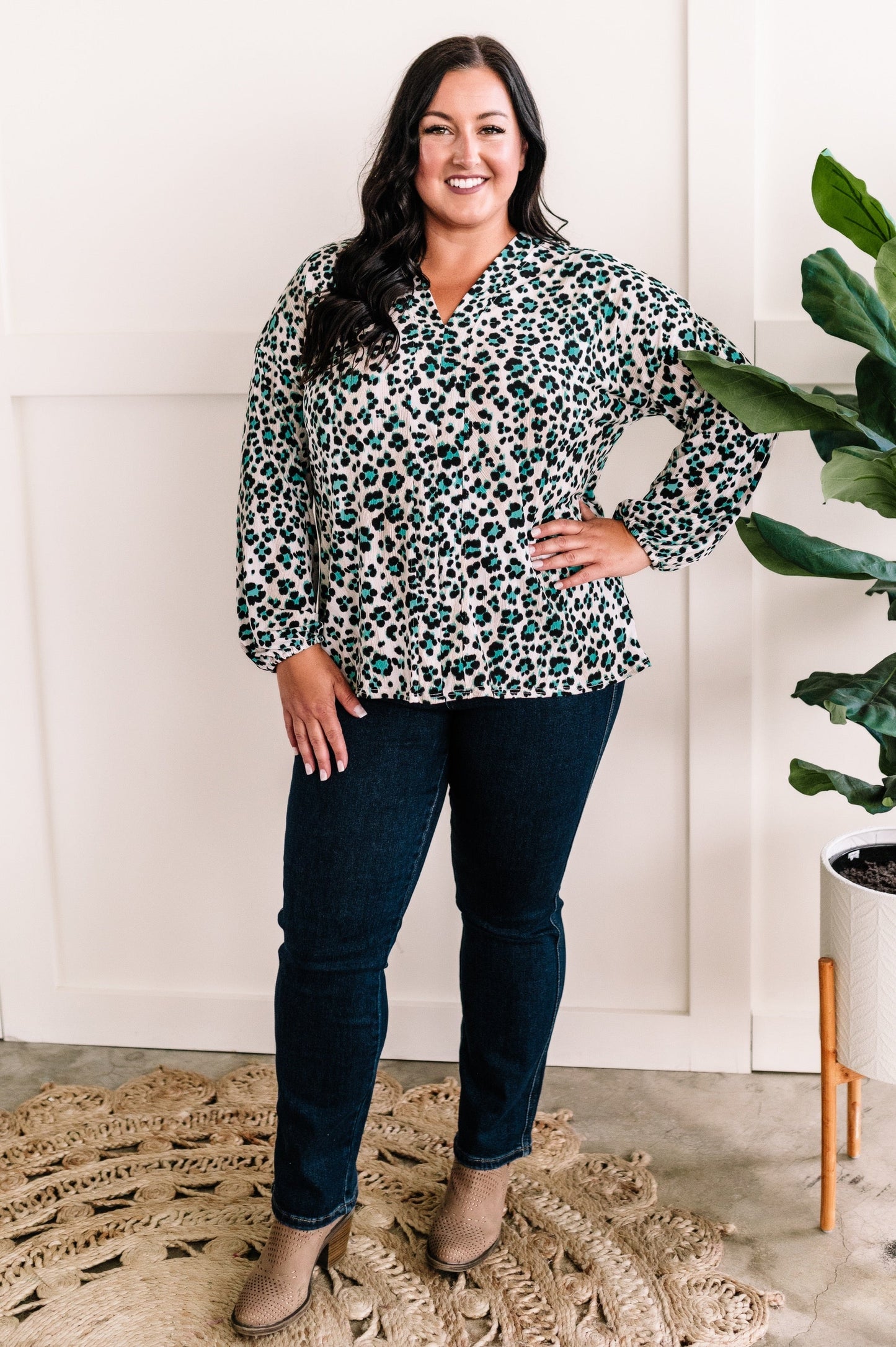 V Neck Top In Jade Animal Print