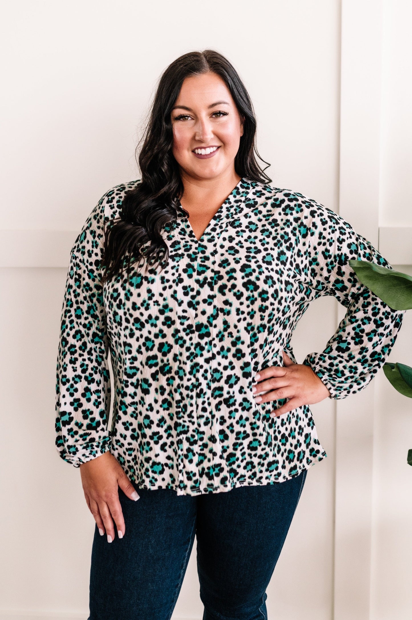 V Neck Top In Jade Animal Print